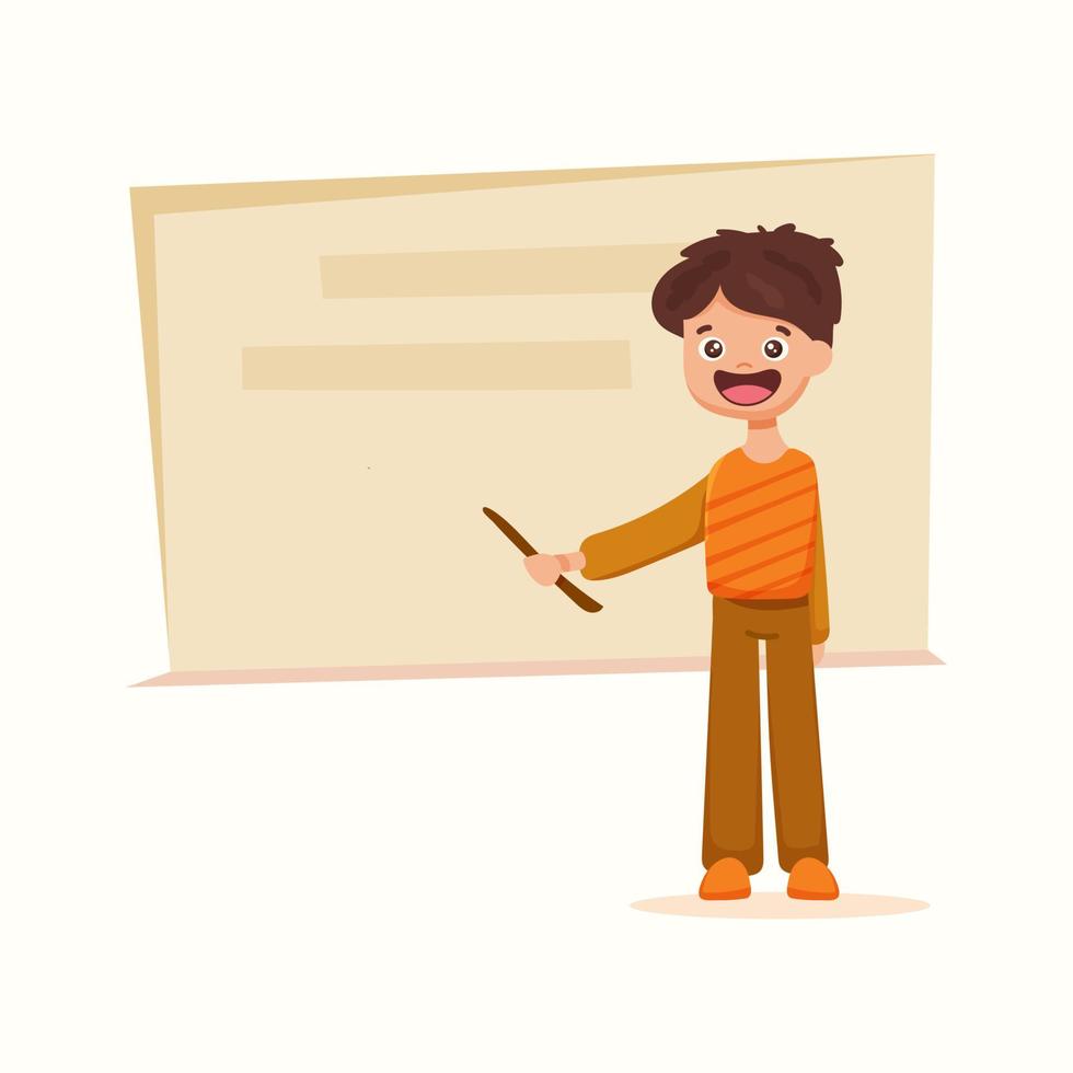 The teacher at the blackboard with a pointer. Vector illustration in flat style