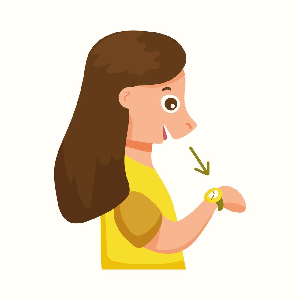 la niña mira su reloj. ilustración vectorial en estilo plano vector