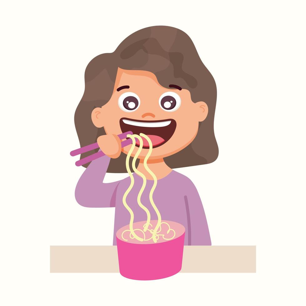 The girl eats noodles. Vector illustration in flat style