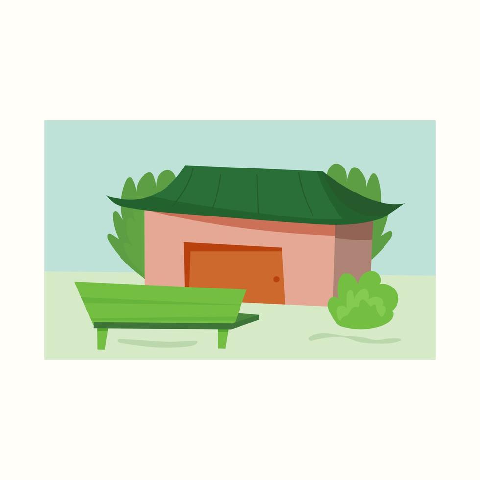 lindo patio con una casa y un banco. ilustración vectorial en estilo plano vector