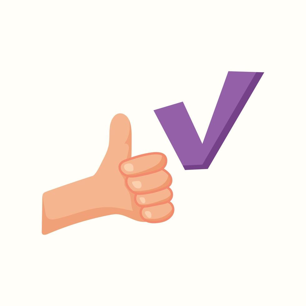 Thumbs up and check mark gesture. Vector illustration in flat style