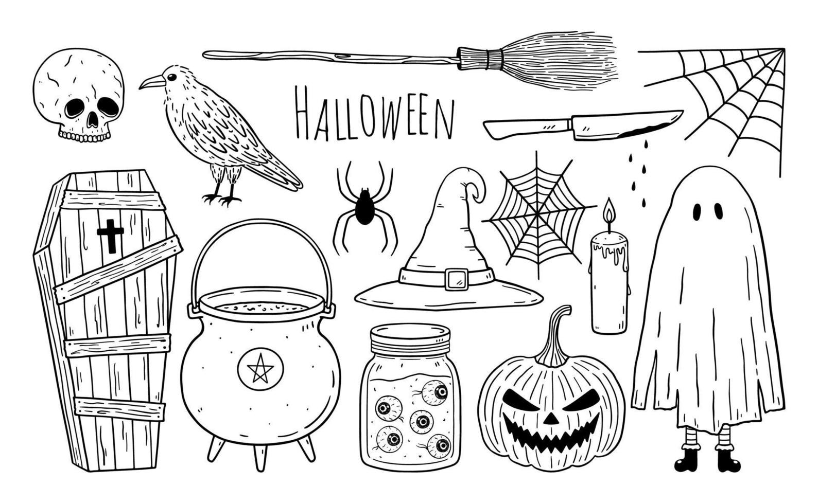 Doodle conjunto de elementos espeluznantes de halloween vector