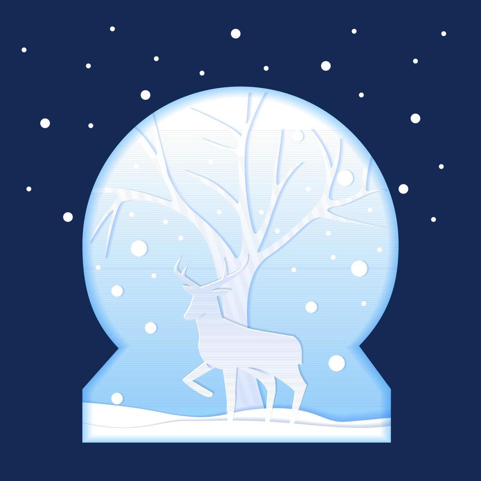 árbol de ciervo en globo de nieve ilustración de estilo de corte de papel de invierno vector