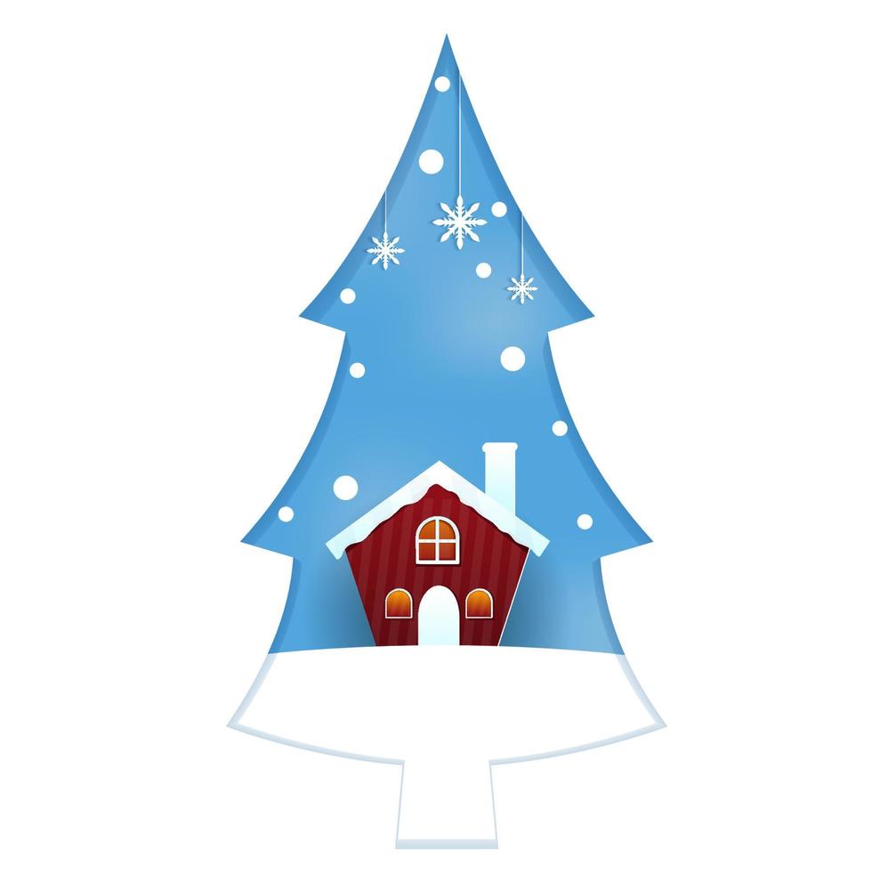 Pine Tree House Snow Winter Season Paper Cut Style Illustration vector