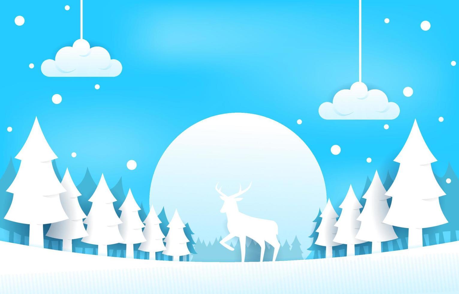 Snow Deer Pine Trees Winter Papercut Paper Cut Style Illustration vector