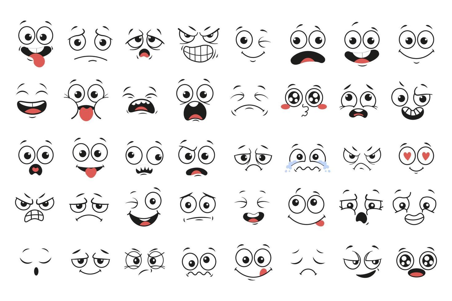 caras de dibujos animados. ojos y boca expresivos, sonriendo, llorando y expresiones de cara de personaje sorprendido. Caricatura de emociones cómicas o doodle de emoticonos. conjunto de iconos de ilustración de vector aislado