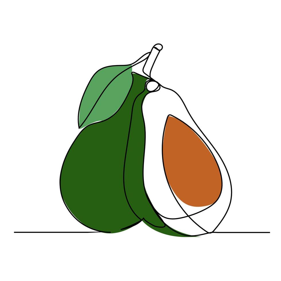 Aguacate de dibujo continuo de una línea. ilustración vectorial. arte de línea negra sobre fondo blanco con manchas de colores. vector