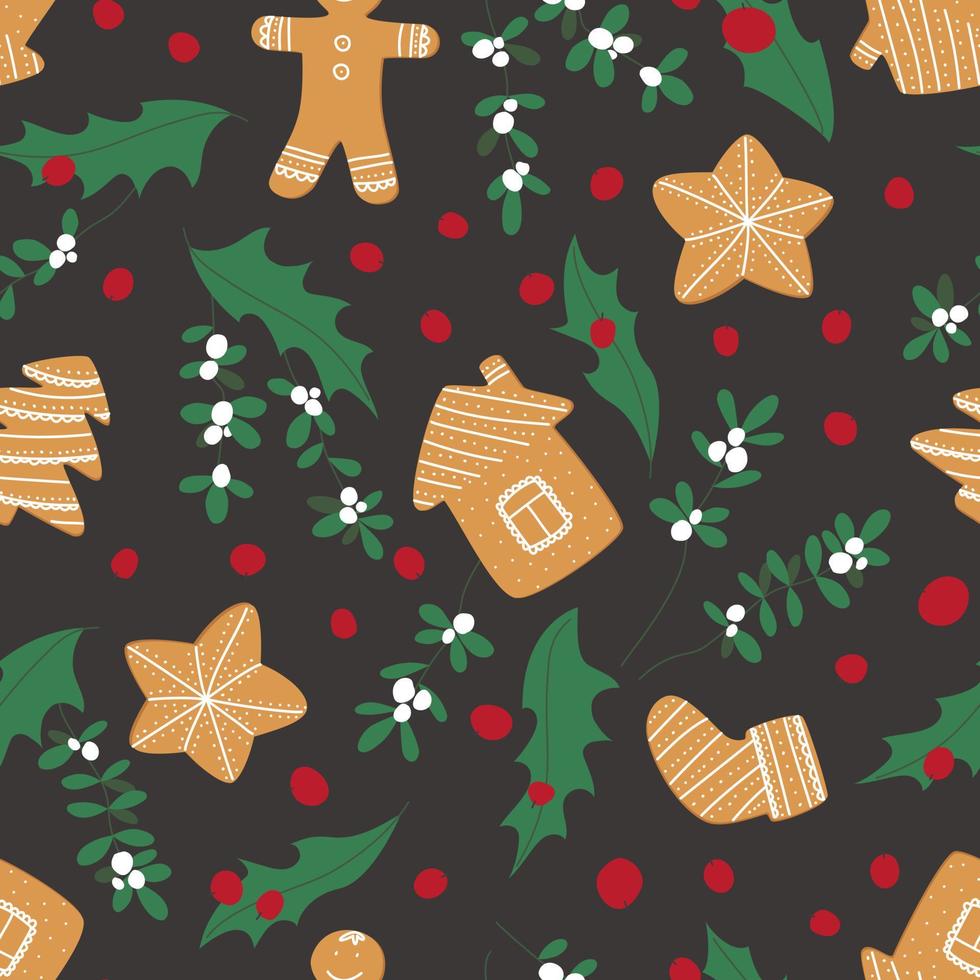 Christmas seamless pattern with gingerbread holly and mistletoe vector