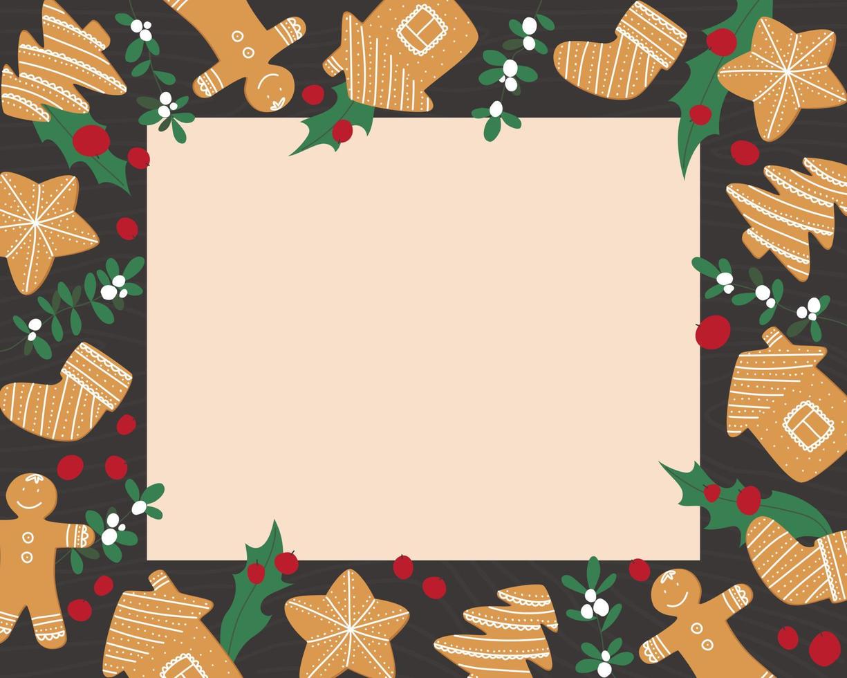 Christmas frame with holly and mistletoe gingerbread cookies vector