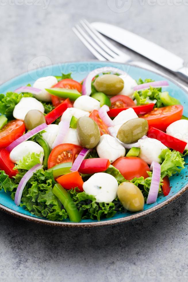 ensalada de verduras con queso mozzarella, tomates, basilikum y especias. foto