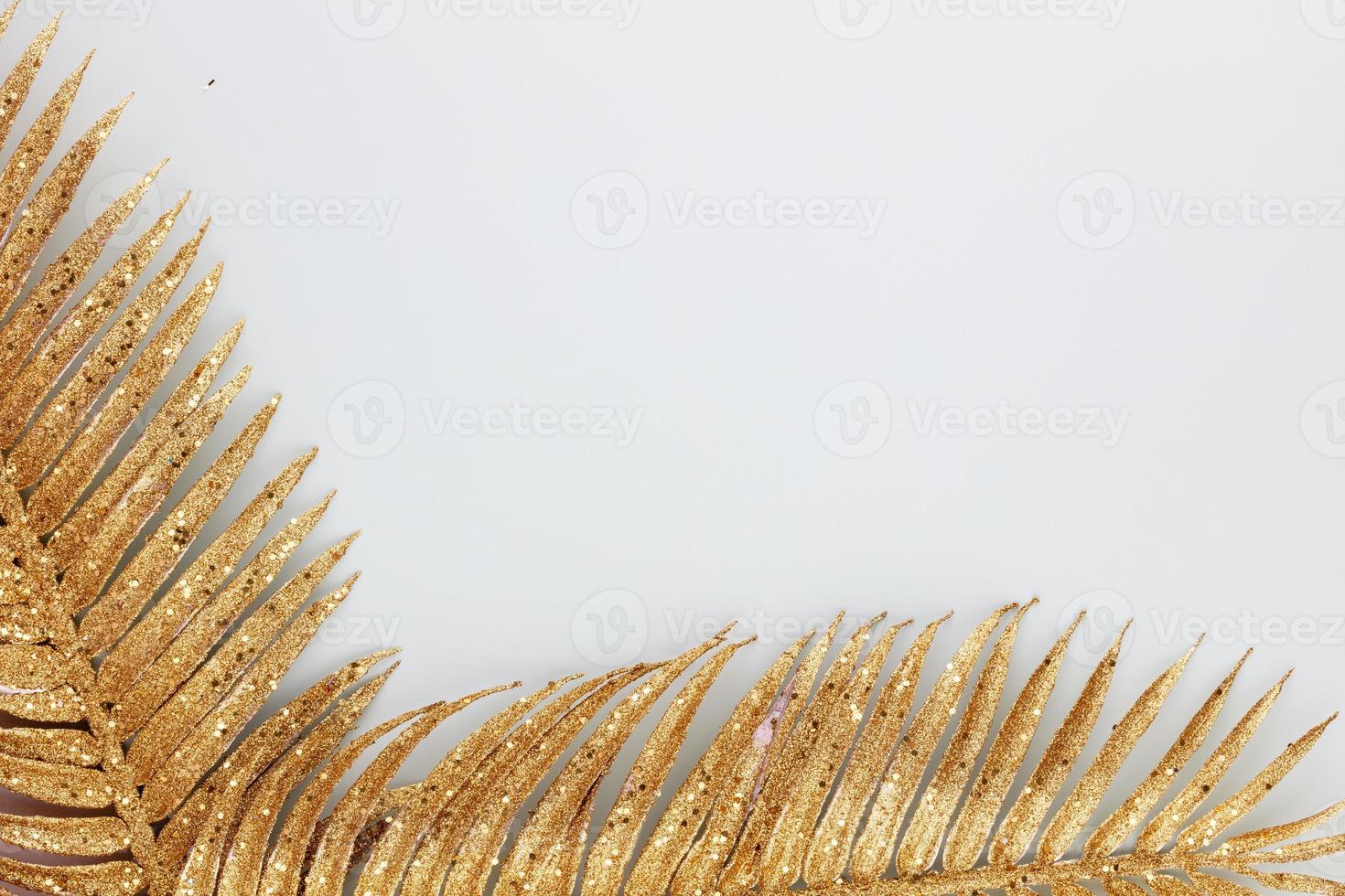 Palm gold leaf on blue background. Palm leaf, Flat lay and top view. photo