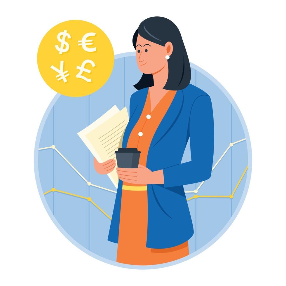 mujer de negocios con la moneda extranjera y el gráfico financiero. vector