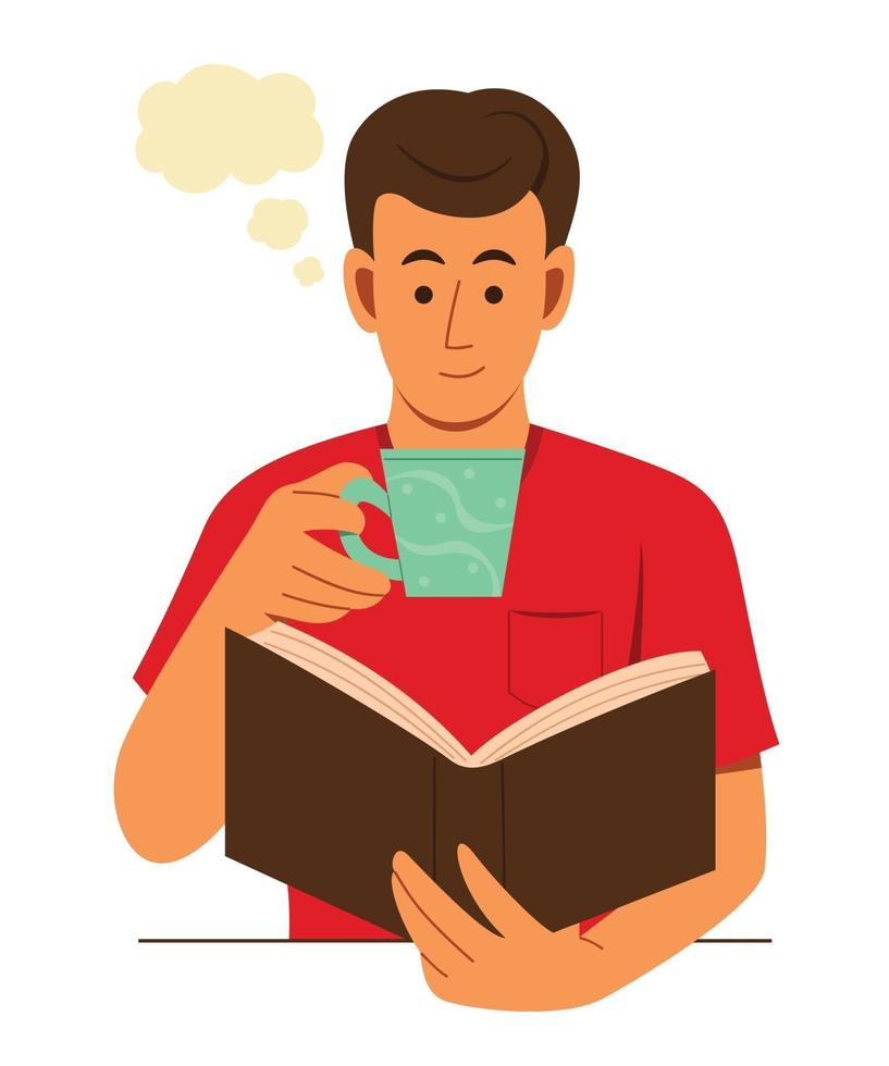 Man is Thinking While Drinking and Reading the Book. vector