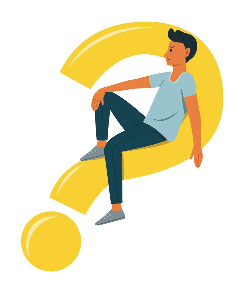 Man is Thinking the Question While Sitting on a Big Question Mark Symbol. vector