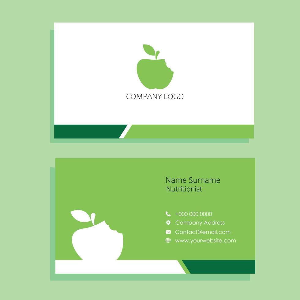 Tarjeta de visita verde nutricionista con diseño de manzana mordida. vector