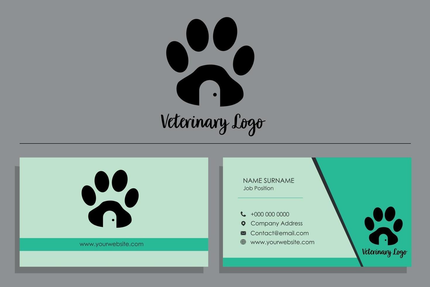 Tarjeta de visita veterinaria turquesa con diseño de logotipo de huella vector