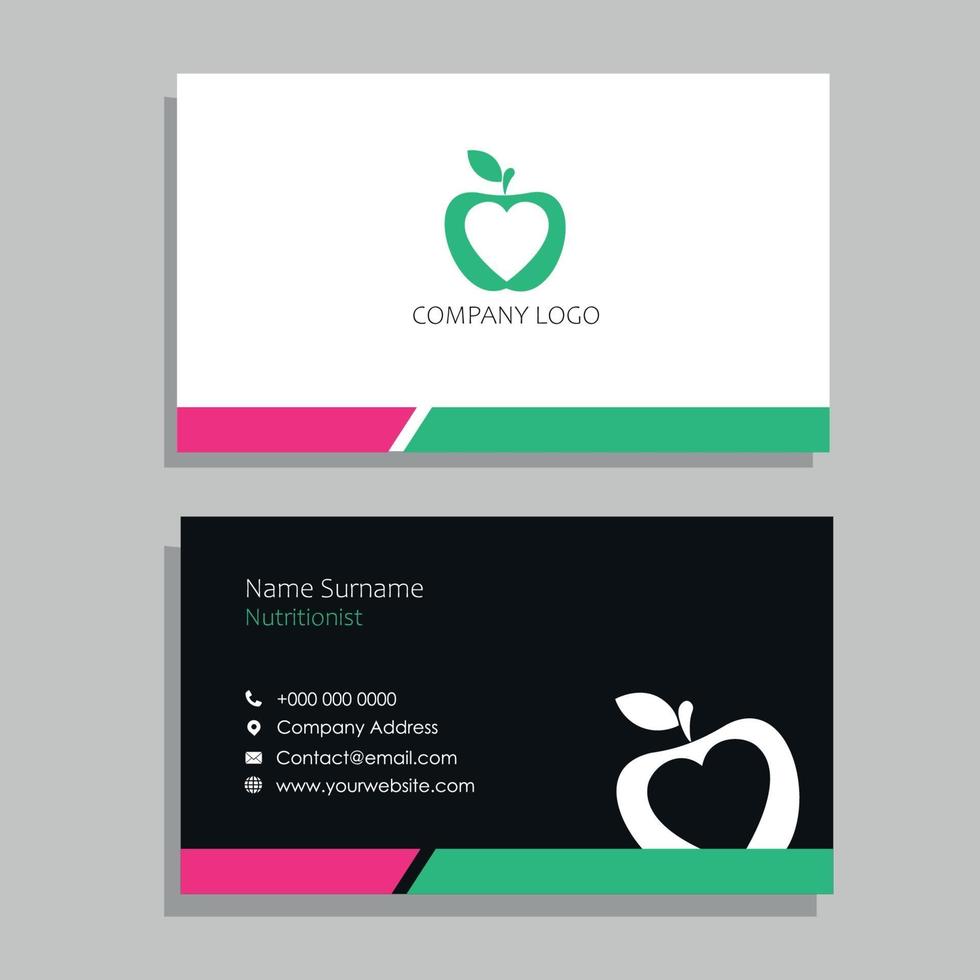 tarjeta de visita de nutricionista en negro, blanco, turquesa y fucsia con diseño de manzana vector