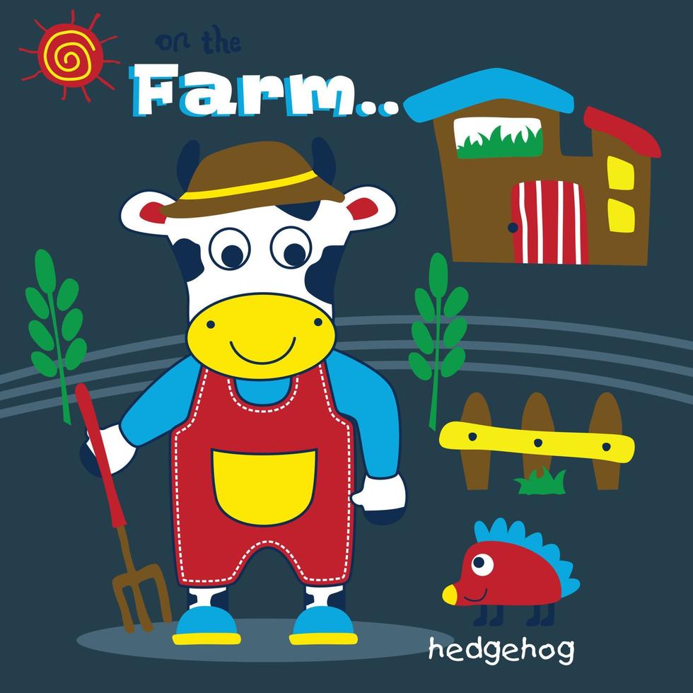 cow in the farm funny cartoon vector