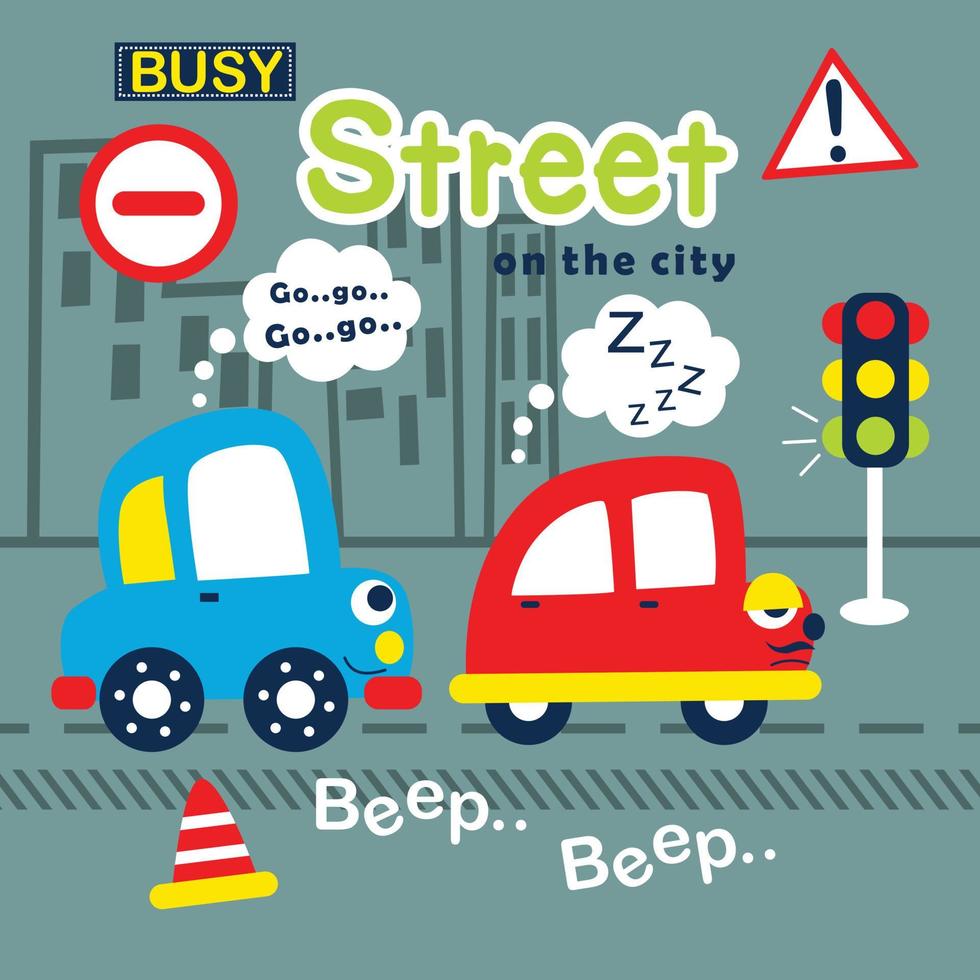 coche azul y coche rojo en la calle dibujos animados divertidos vector
