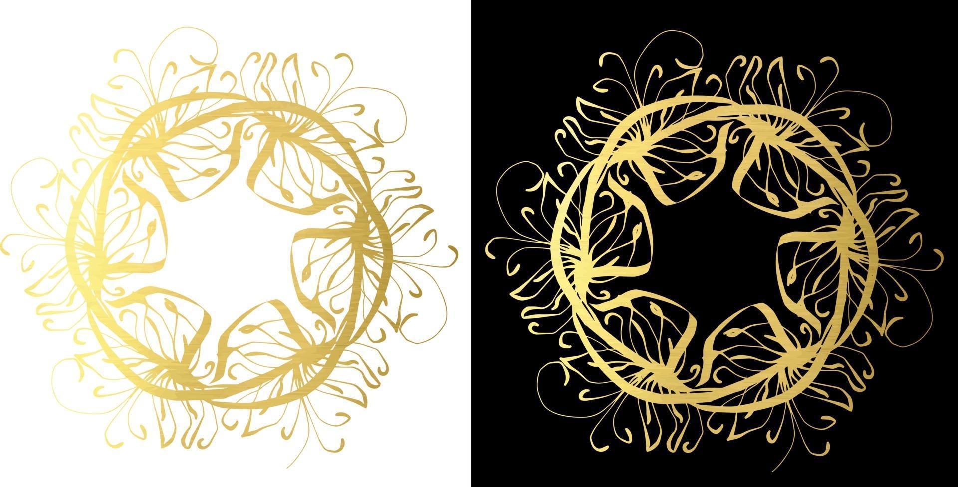 golden wreaths of branches with leaves on a black and white background. Vector isolated contour decorative wavy wreath for frame wedding invitations and greeting cards