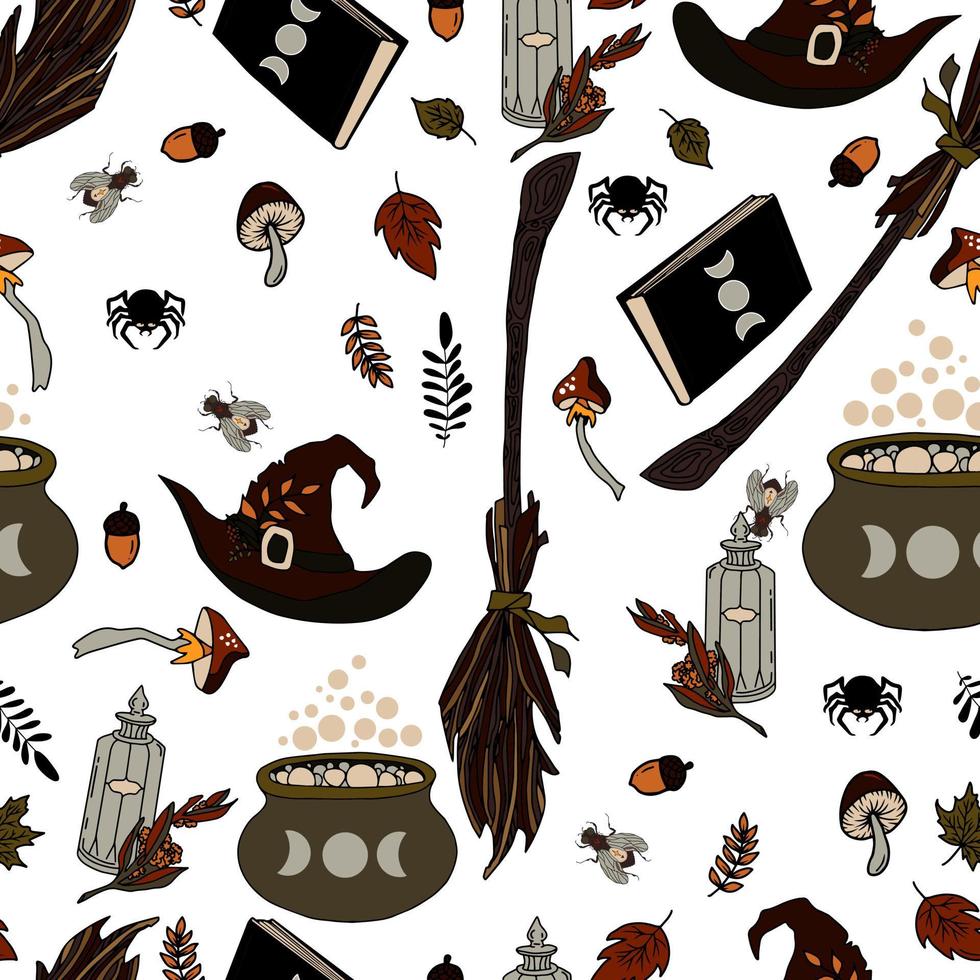 vector seamless pattern halloween eps . Doodle potion and wiccan symbols,  mushrooms and autumn leaves