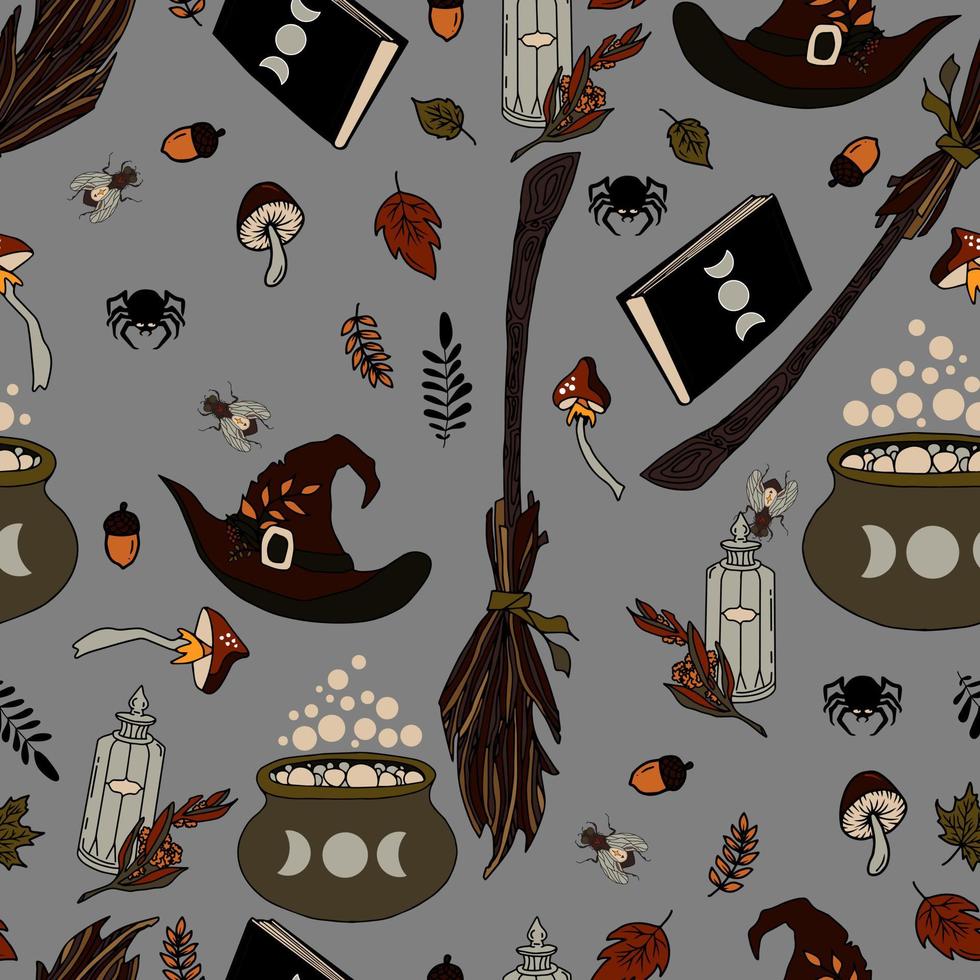 vector seamless pattern halloween eps . Doodle potion and wiccan symbols,  mushrooms and autumn leaves