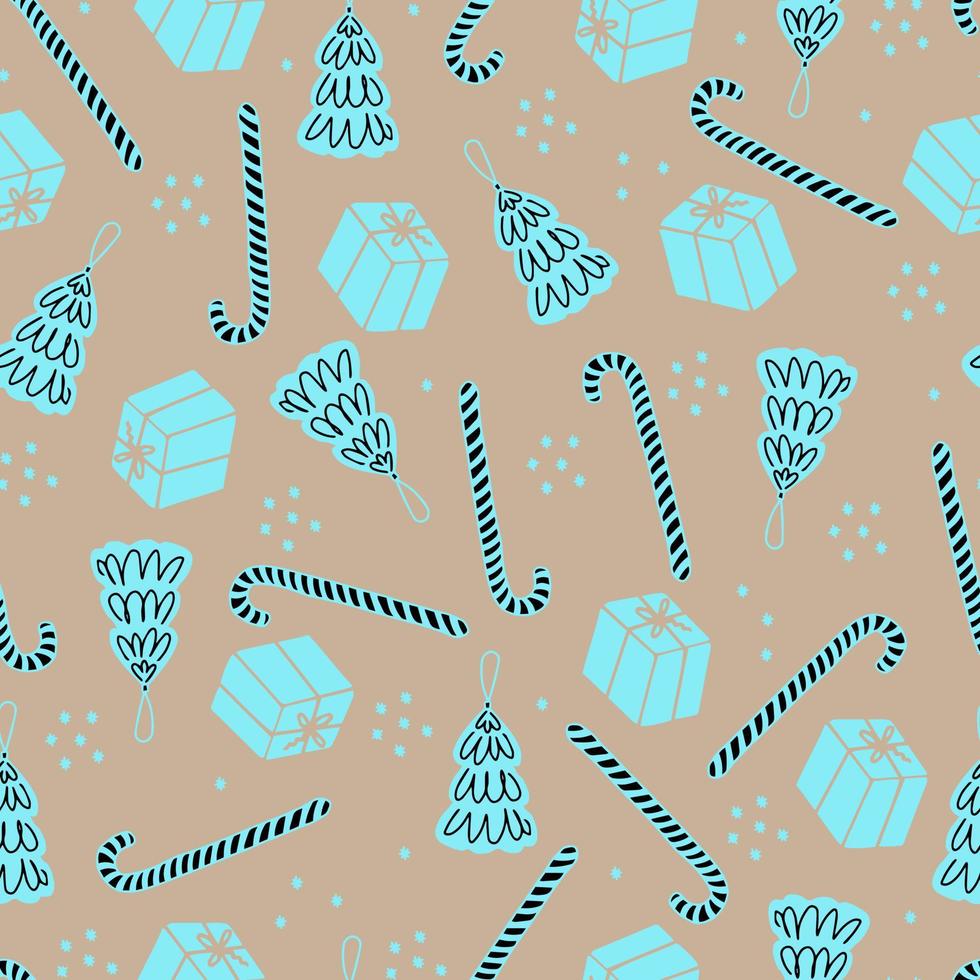 Christmas seamless pattern Christmas tree toy, lollipop and gift box. Vector pattern for wrapping paper and congratulations