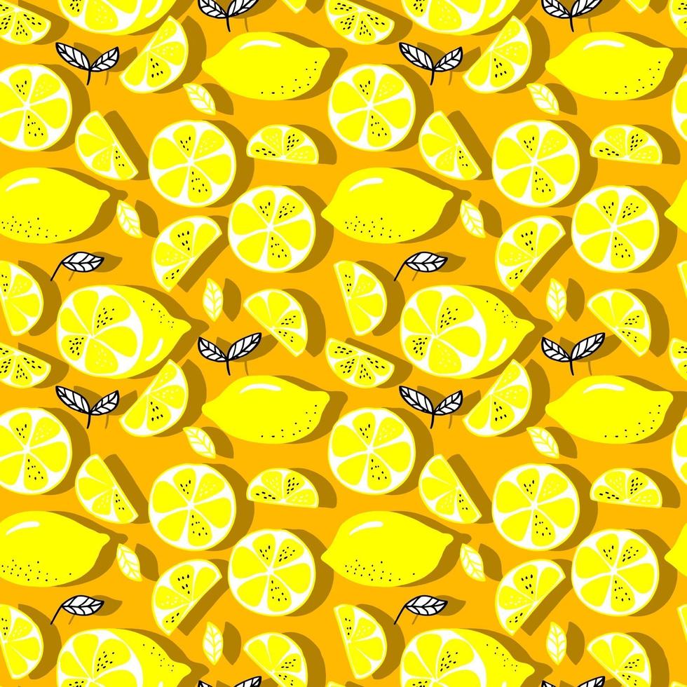 vector de patrones sin fisuras limones y limones en rodajas sobre un fondo. patrón de limón de verano para fondo, tela, papel, textil, invitaciones, páginas web.