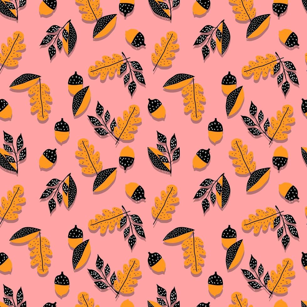 vector de patrones sin fisuras bellotas, ramas de roble con hojas. bosque botánico negro amarillo ilustración. fondo, papel pintado, tela, textil, embalaje, papel