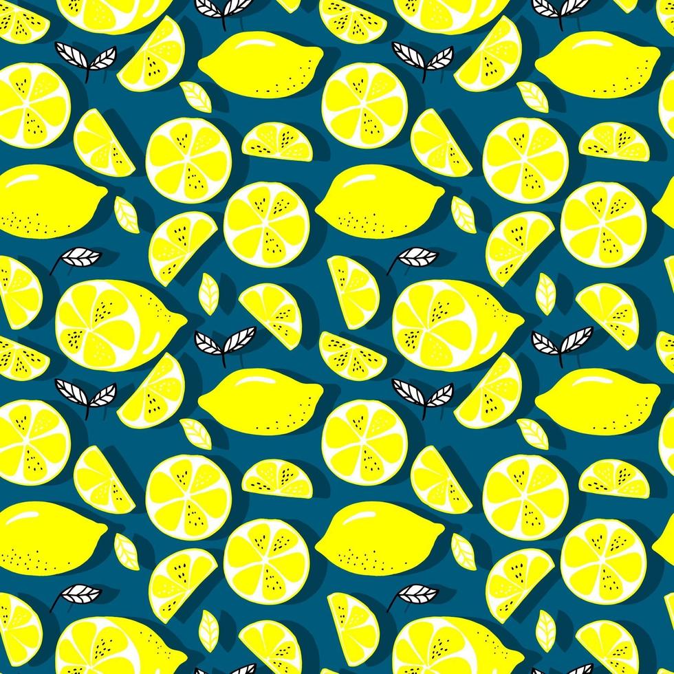vector seamless pattern lemons and sliced lemons on a background. Summer lemon pattern for background, fabric, paper, textile, invitations, web pages.