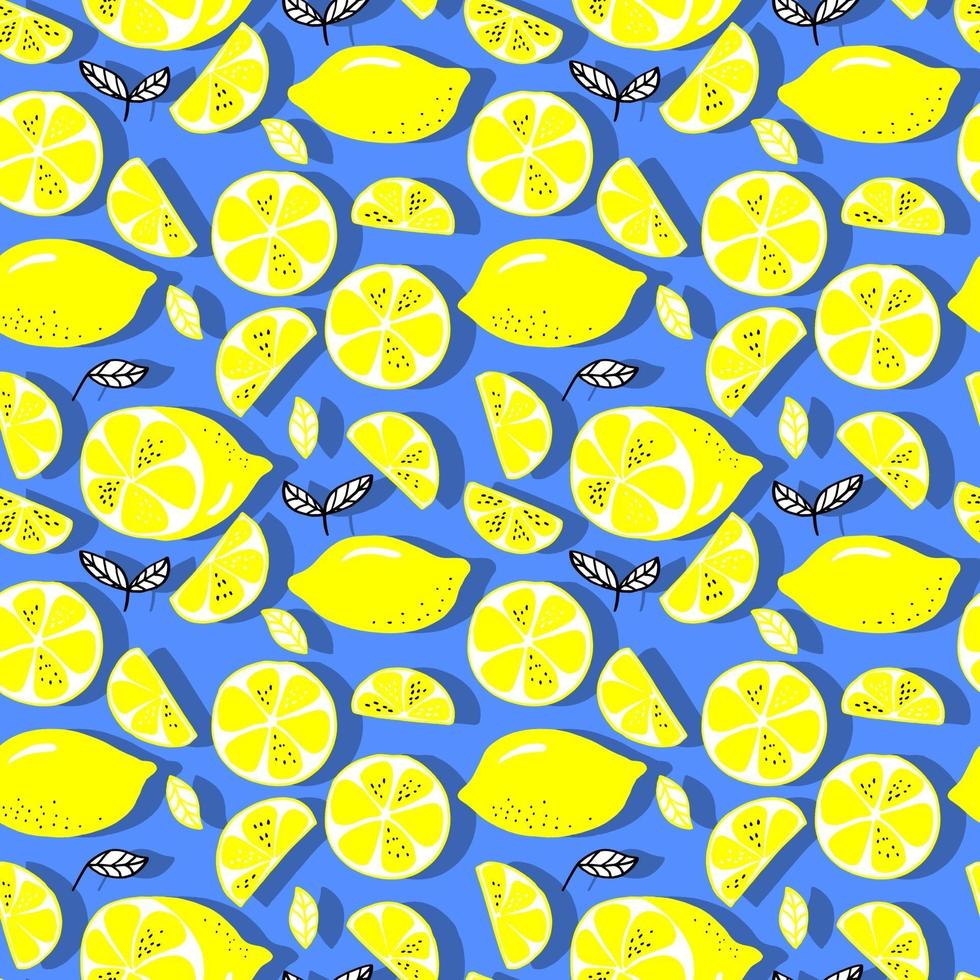 vector seamless pattern lemons and sliced lemons on a background. Summer lemon pattern for background, fabric, paper, textile, invitations, web pages.