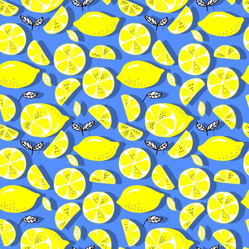 vector de patrones sin fisuras limones y limones en rodajas sobre un fondo. patrón de limón de verano para fondo, tela, papel, textil, invitaciones, páginas web.