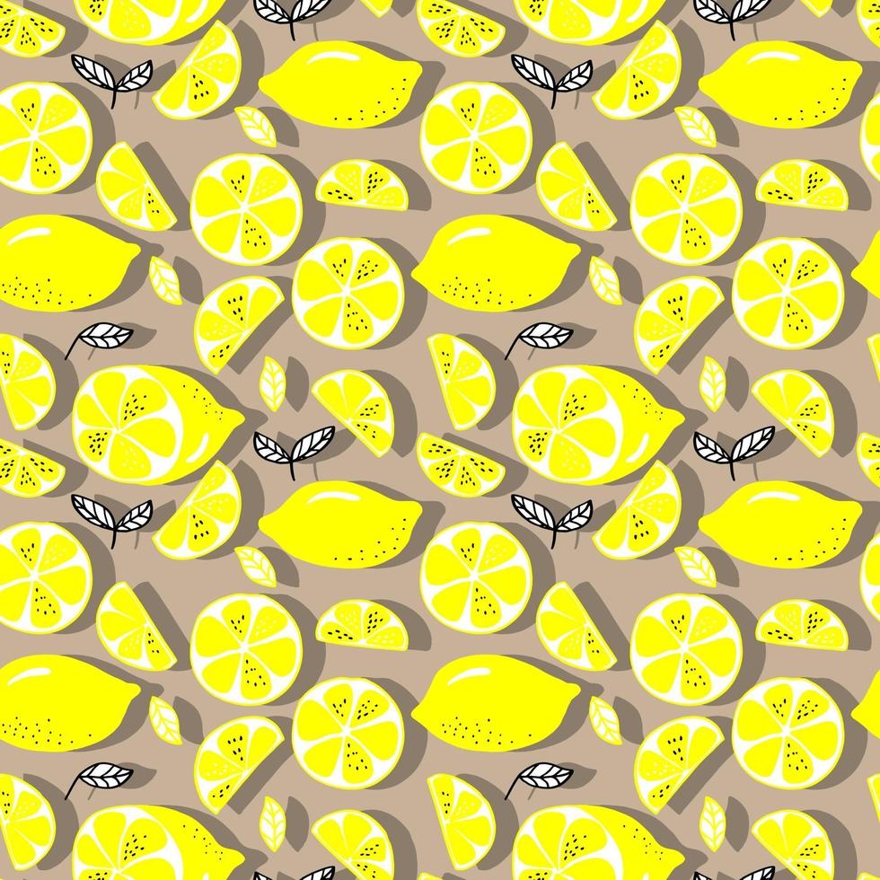 vector seamless pattern lemons and sliced lemons on a background. Summer lemon pattern for background, fabric, paper, textile, invitations, web pages.
