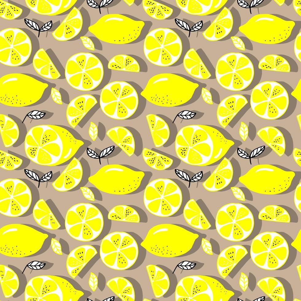 vector de patrones sin fisuras limones y limones en rodajas sobre un fondo. patrón de limón de verano para fondo, tela, papel, textil, invitaciones, páginas web.