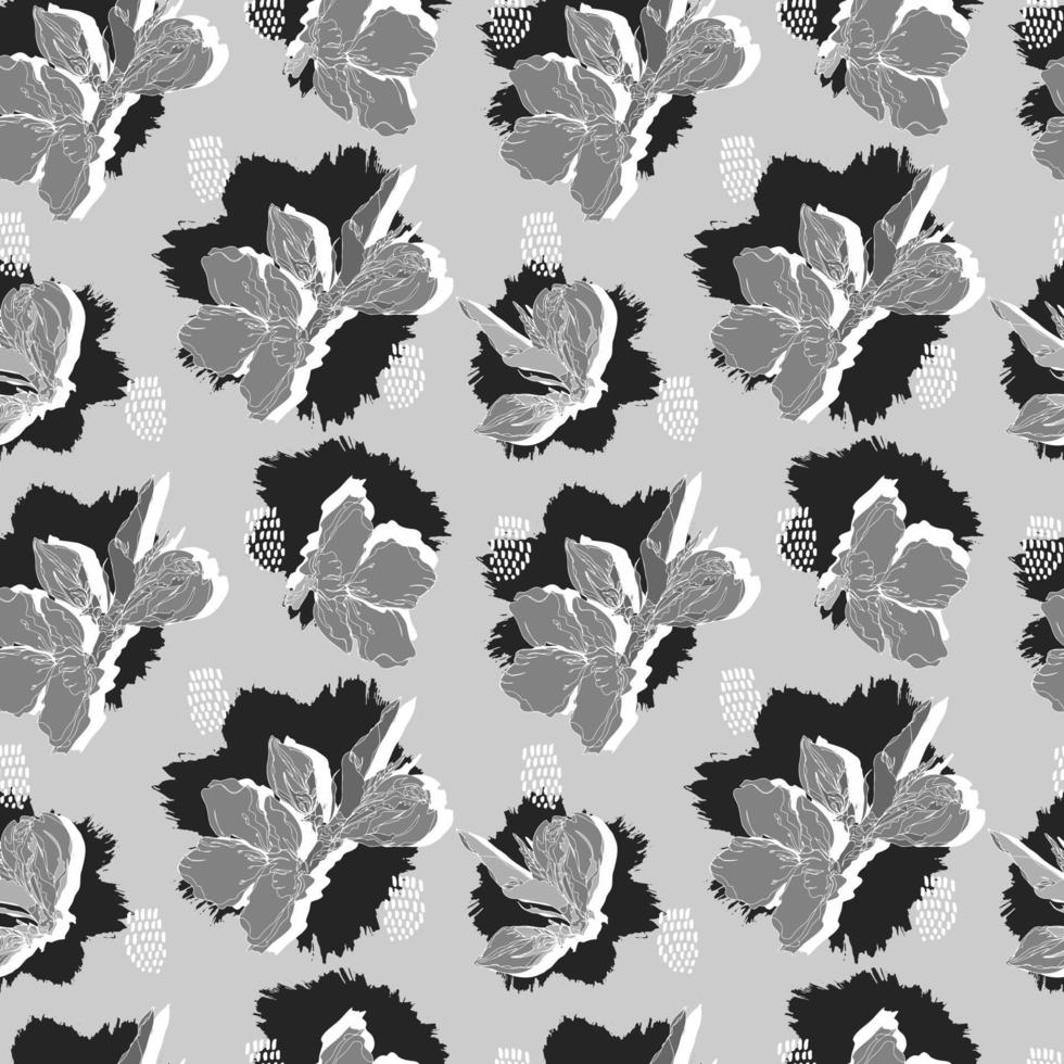 vector seamless pattern contour floral  with opened leaves and buds on a contrasting background with dots. Botanical illustration for fabrics, textiles, wallpapers, papers, backgrounds.