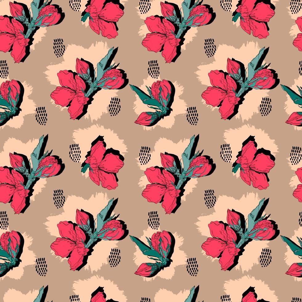 vector seamless pattern contour floral  with opened leaves and buds on a contrasting background with dots. Botanical illustration for fabrics, textiles, wallpapers, papers, backgrounds.