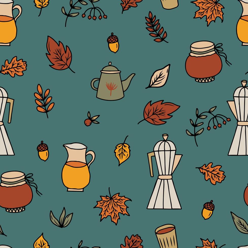 vector seamless pattern cozy print with coffee and tea in autumn. Warming set for autumn with coffee maker, kettle and jug with autumn drinks and fallen leaves