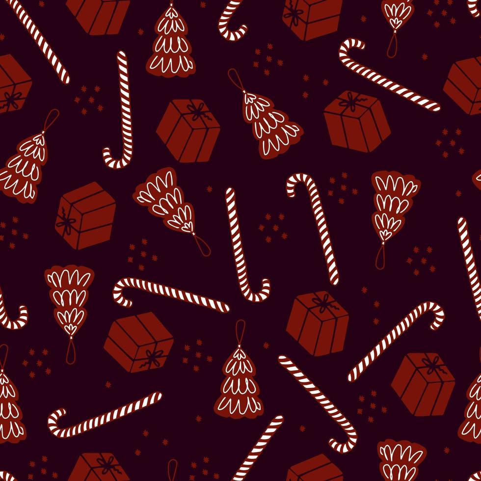 Navidad de patrones sin fisuras árbol de Navidad de juguete, piruleta y caja de regalo. patrón de vector para papel de regalo y felicitaciones