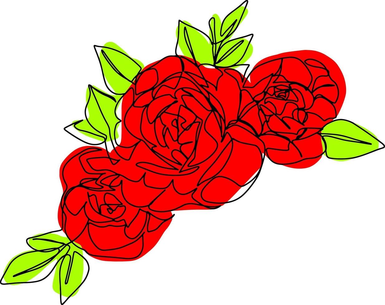 roses 3 buds with leaves isolated vector hand one line drawing illustration red and green