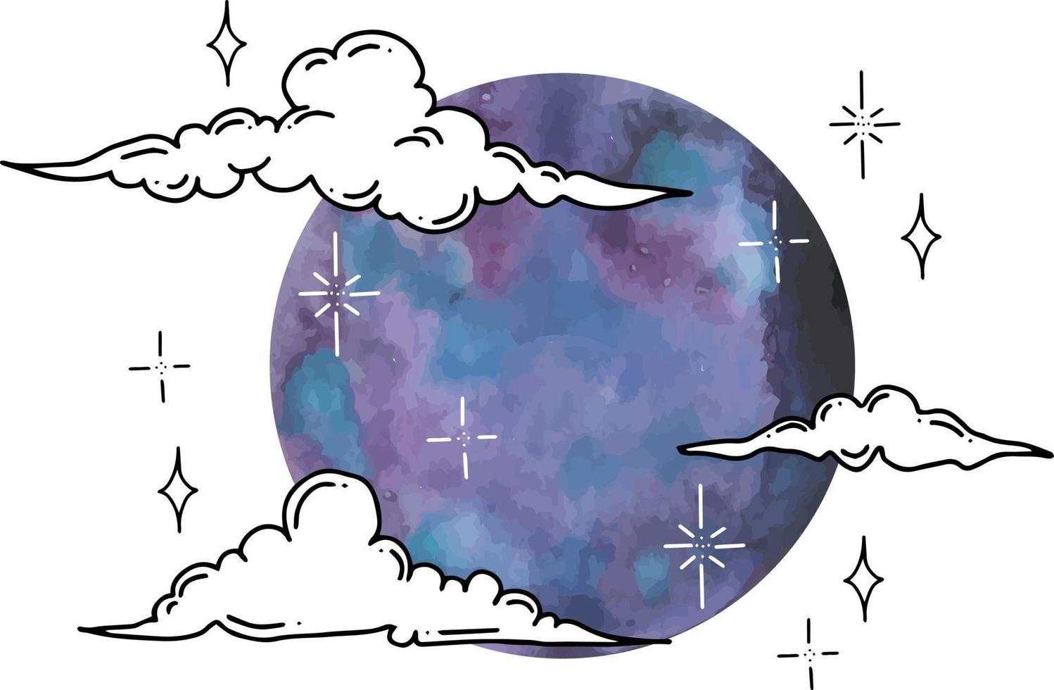 Vector graphics of clouds and stars with watercolor moon. Isolated vector illustration character set.
