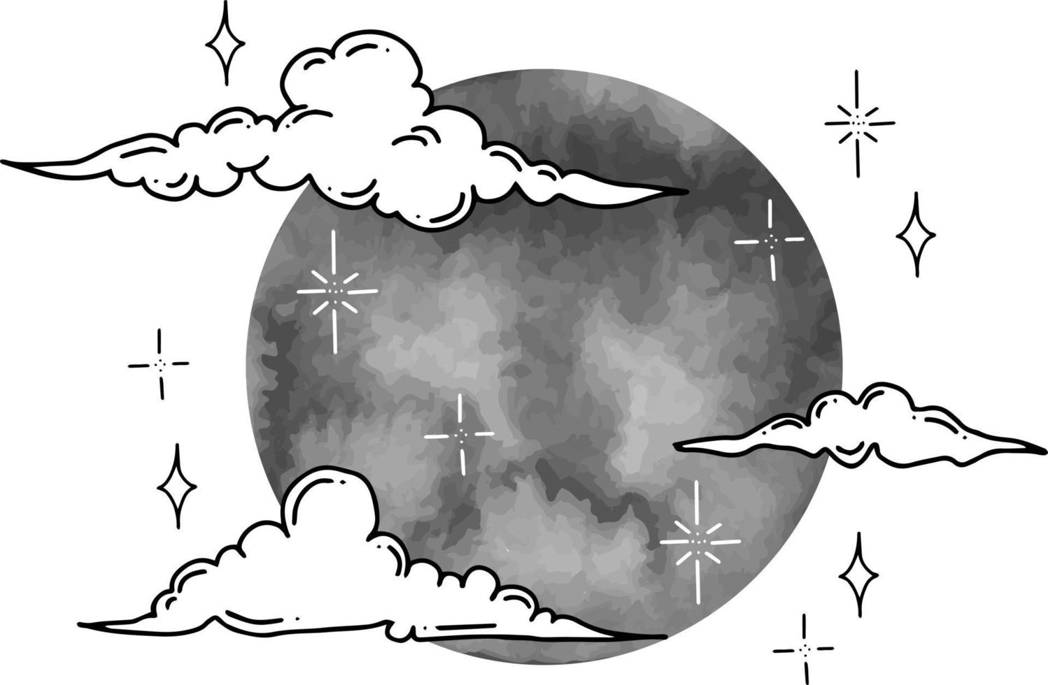 Vector graphics of clouds and stars with watercolor moon. Isolated vector illustration character set.