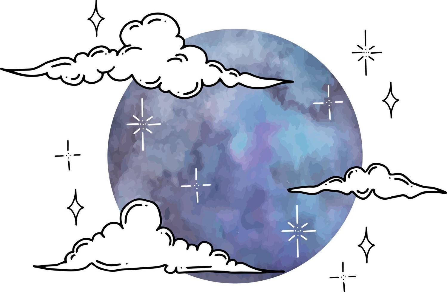 Vector graphics of clouds and stars with watercolor moon. Isolated vector illustration character set.