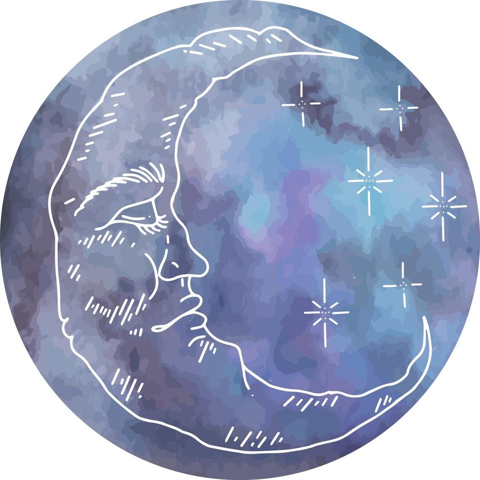 gráficos vectoriales de nubes y estrellas con luna acuarela. conjunto de caracteres de ilustración de vector aislado. media luna gráfica con cara, dibujado a mano en estilo grabado. astrología, alquimia y símbolo mágico.