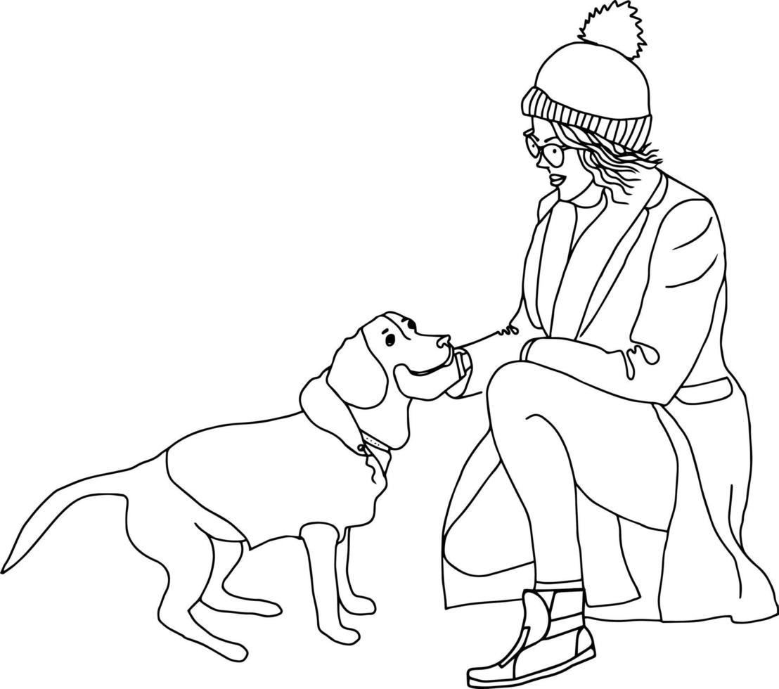 young girl in glasses with cheeks in a coat, hat, mittens, scarf, jeans and sneakers. Casual style for fall or spring for cold weather.Girl walking in cold weather with a dog in clothes vector