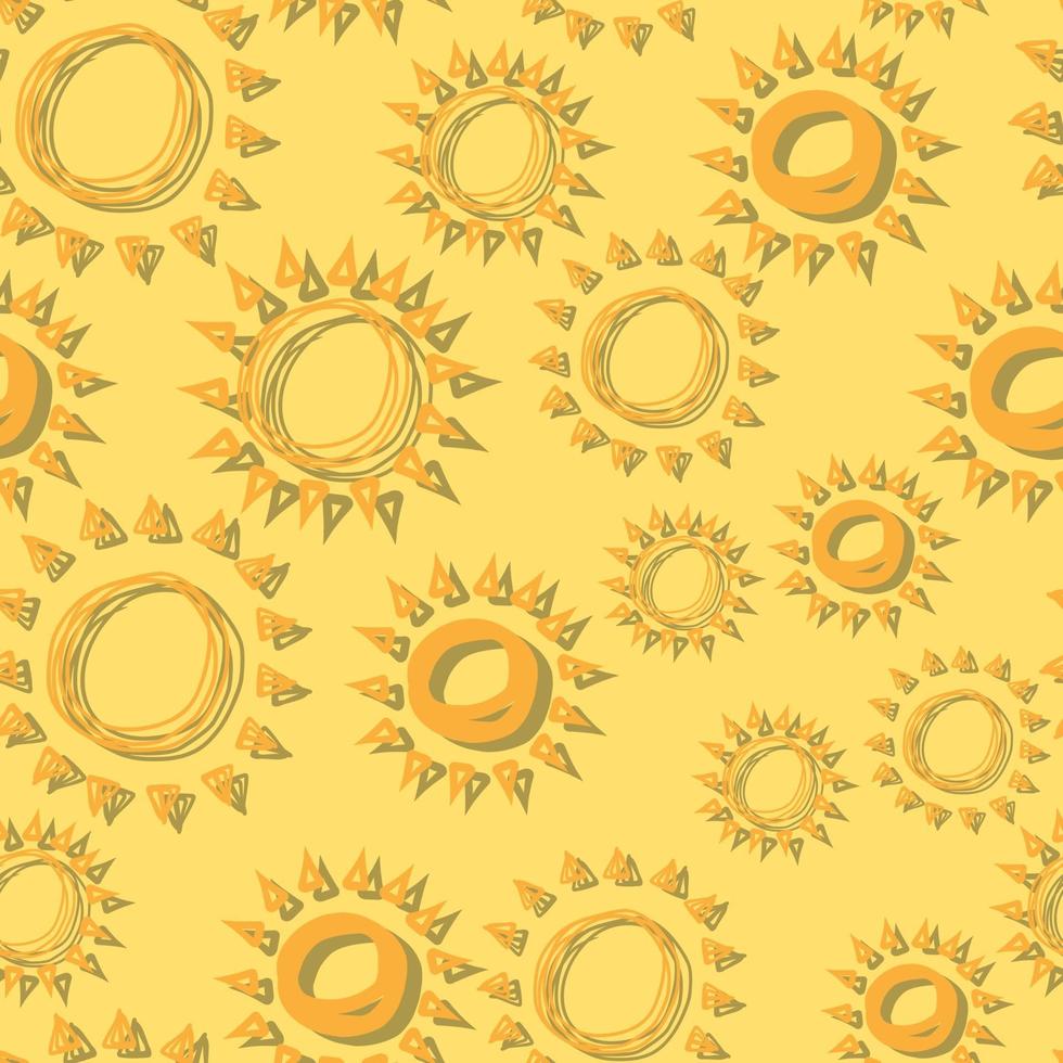 vector seamless pattern sun simple isolated hand drawn lines, doodle of yellow with shadow, orange ray  or burst of sun for banner, background, wallpaper, cover etc.