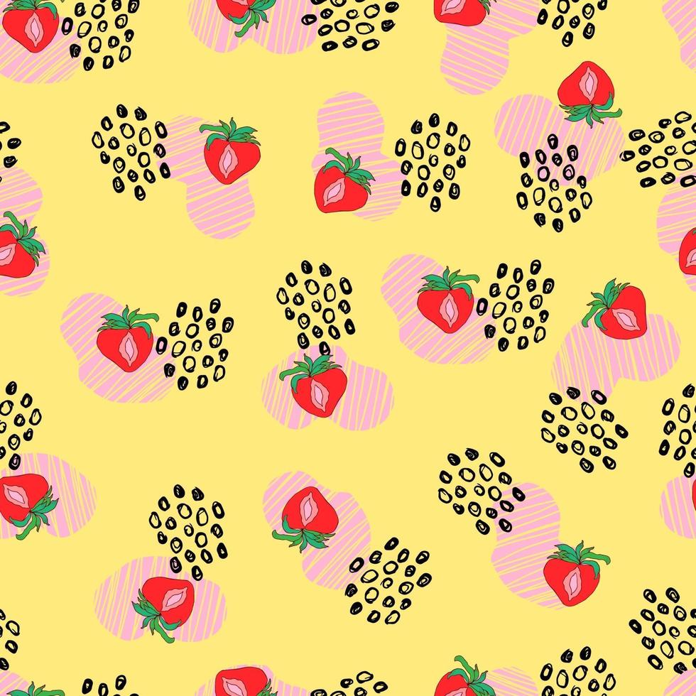 strawberry berry vector seamless pattern with dots and abstract spots on background