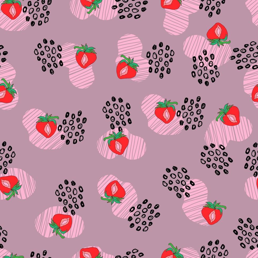 strawberry berry vector seamless pattern with dots and abstract spots on background