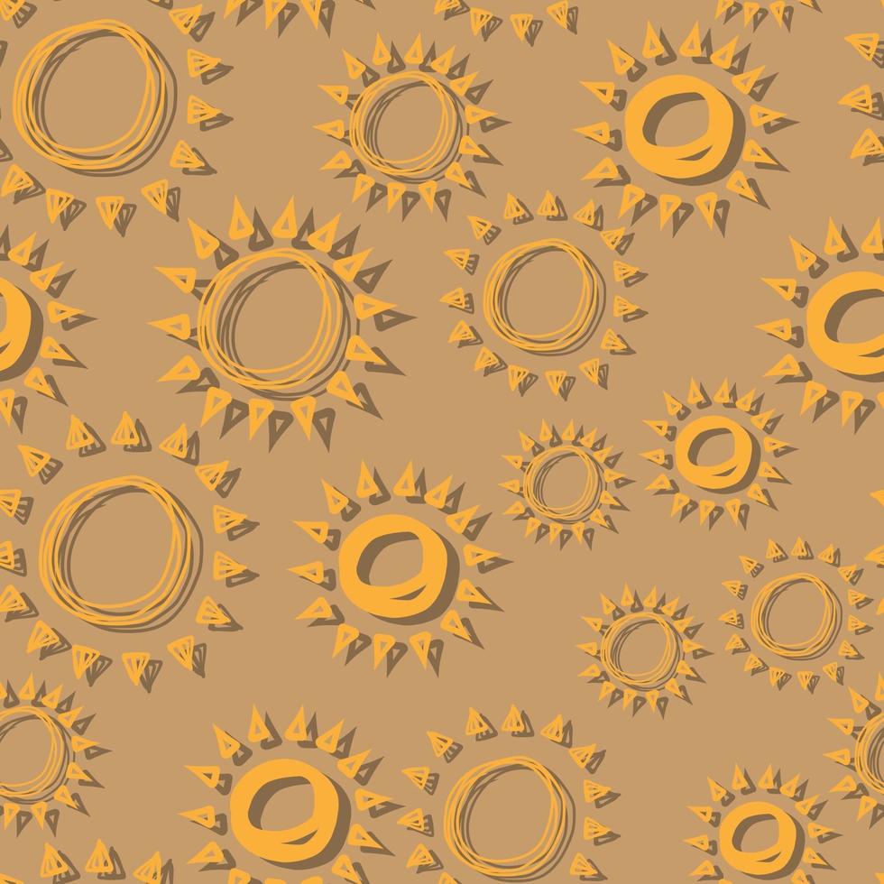 vector seamless pattern sun simple isolated hand drawn lines, doodle of yellow with shadow, orange ray  or burst of sun for banner, background, wallpaper, cover etc.