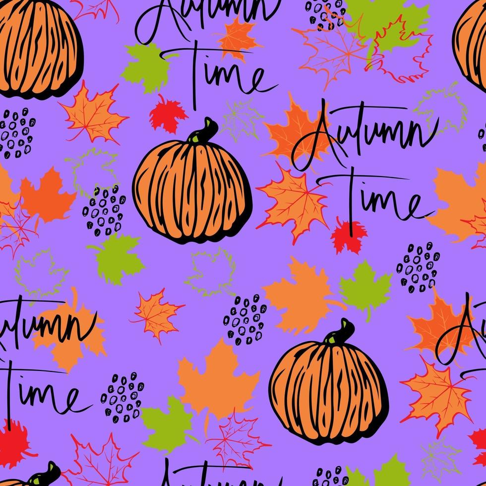 vector seamless pattern autumn leaves and  pumpkin with lettering autumn time background. Autumn clip art hand painted, isolated. Halloween pumpkin. for invitations, greeting cards, print, banners