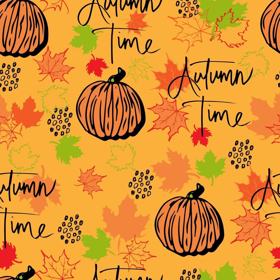 vector seamless pattern autumn leaves and  pumpkin with lettering autumn time background. Autumn clip art hand painted, isolated. Halloween pumpkin. for invitations, greeting cards, print, banners